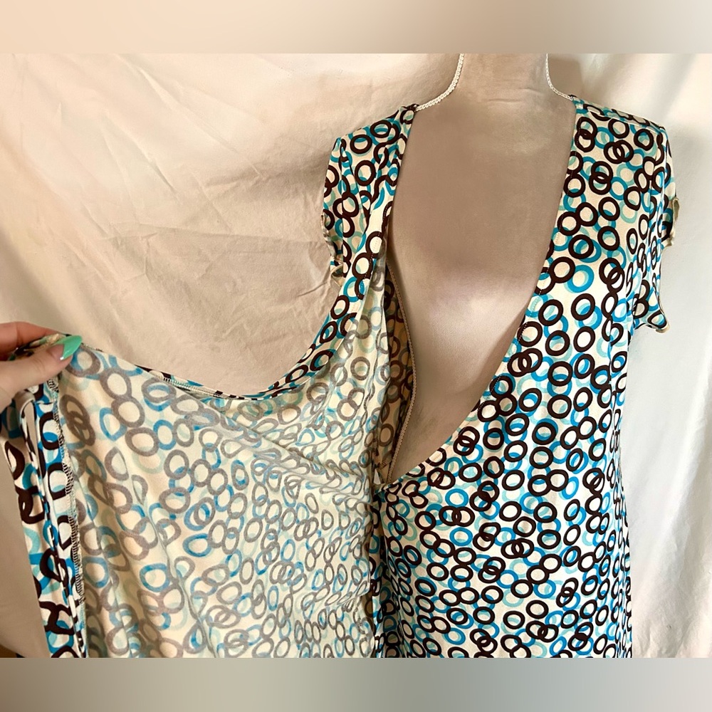 Vintage Y2K Banana Republic Cream, Blue Silk, Cotton Wrap Dress, Size XL - Picture 11 of 14